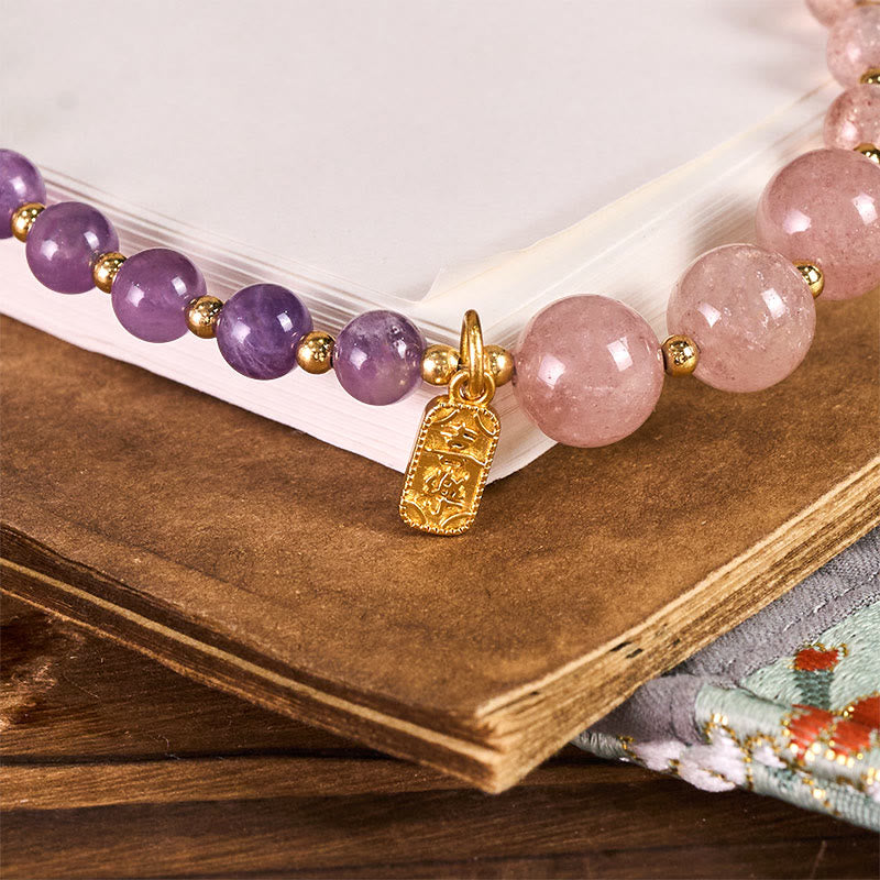Schlüsselanhänger Erdbeerquarz Amethyst Glück Perlen goldener Anhänger spirituell