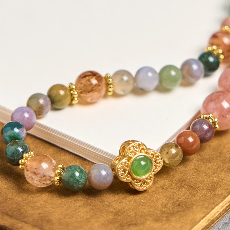 Schlüsselanhänger Turmalin Erdbeerquarz Amethyst Perlen goldene Blume Glücksbringer spirituell