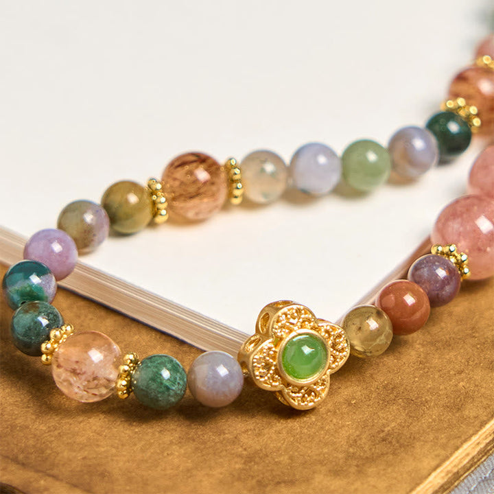 Schlüsselanhänger Turmalin Erdbeerquarz Amethyst Perlen goldene Blume Glücksbringer spirituell