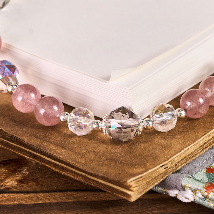 Schlüsselanhänger Erdbeerquarz Katzenauge rosa Perlen spirituell Glücksbringer Buch Holz