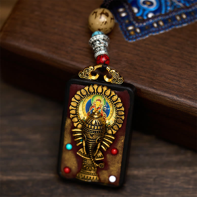 Ganesha Anhänger Holz Kette Perlen tibetisches Design Elefant Symbol