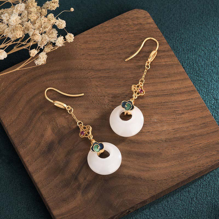 Ohrringe Weißer Jade Tropfen – Segen Gold Holz Boho Schmuck spirituell