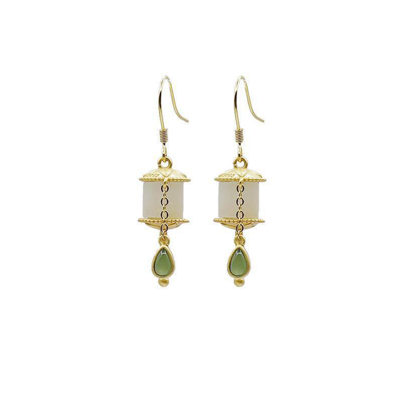 Ohrringe Jade Gebetsmühle gold weiß grün Tropfen Boho Schmuck spirituell
