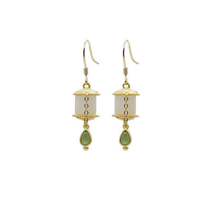 Ohrringe Jade Gebetsmühle gold weiß grün Tropfen Boho Schmuck spirituell