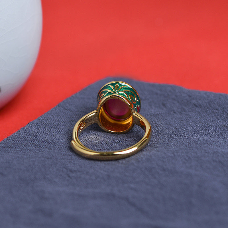 Ring 925 Silber Roter Korund Mut vergoldet mit Email Design