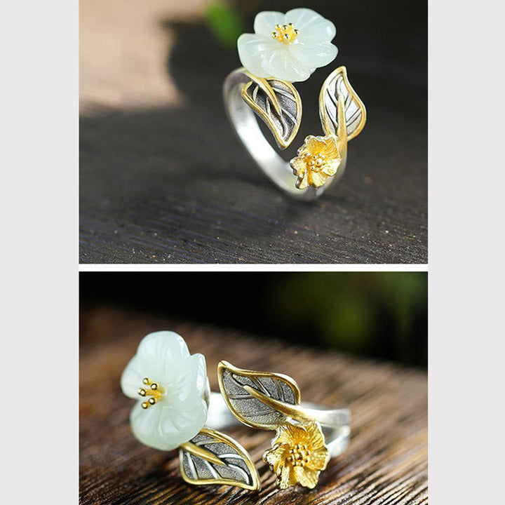 Weiße Jade Pflaumenblüte Ring Gold Blätter Feng Shui Glück Schutz