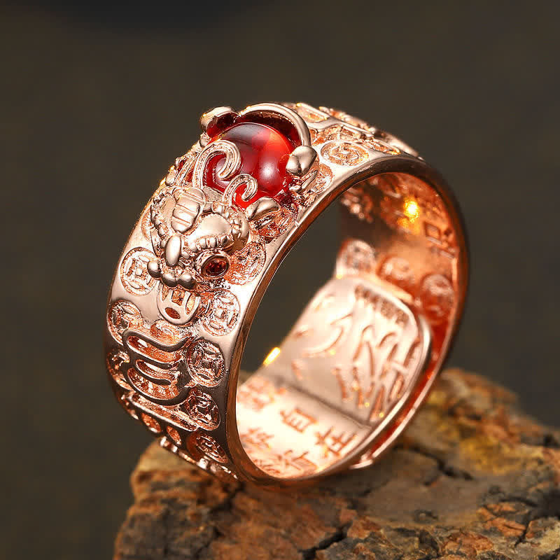 Pixiu Ring Granat rot Kupfer Herzsutra Wohlstand Fengshui Fingerring