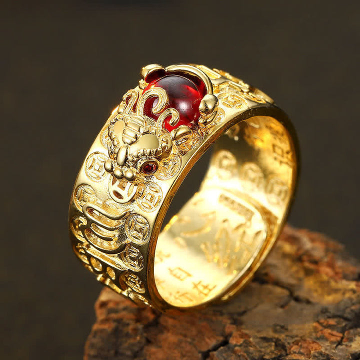 Pixiu Granat Ring Herzsutra Wohlstand Feng Shui gold Schutz Glück