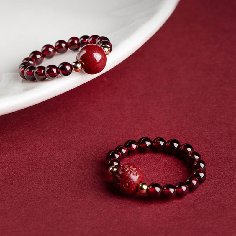 Granat-Pixiu Ring Armband mit Zinnober Perlen Glück Schutz Fengshui
