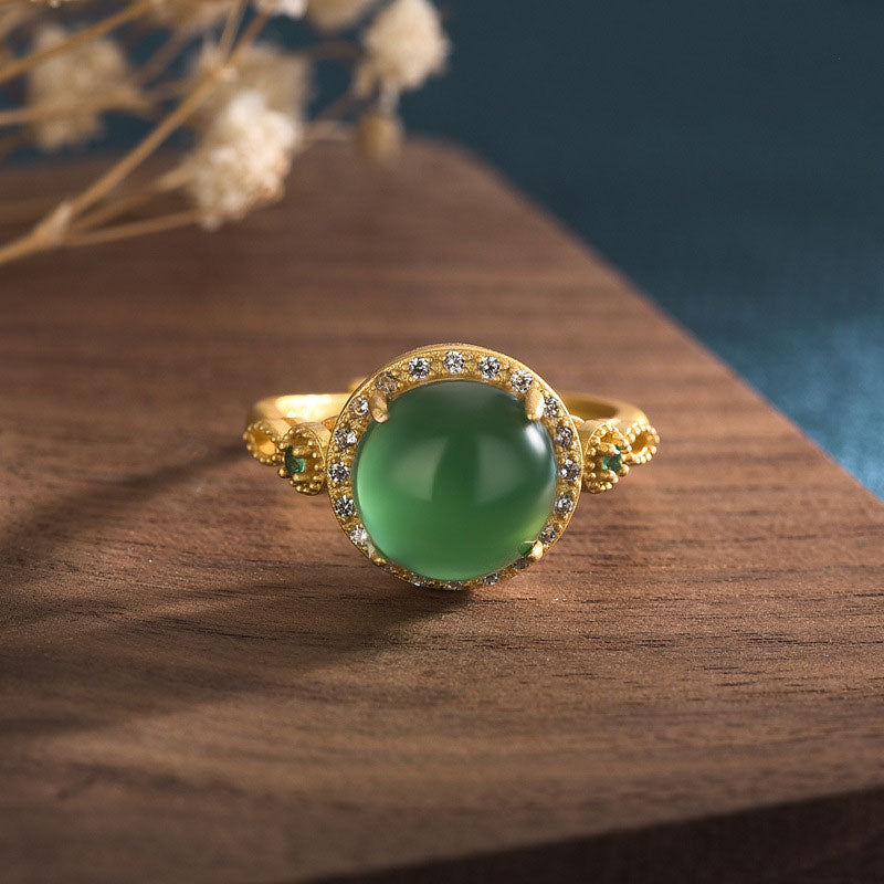 Ring Grüne Jade Buddha Wohlstand Gold gefasst Fengshui Schutz Glück