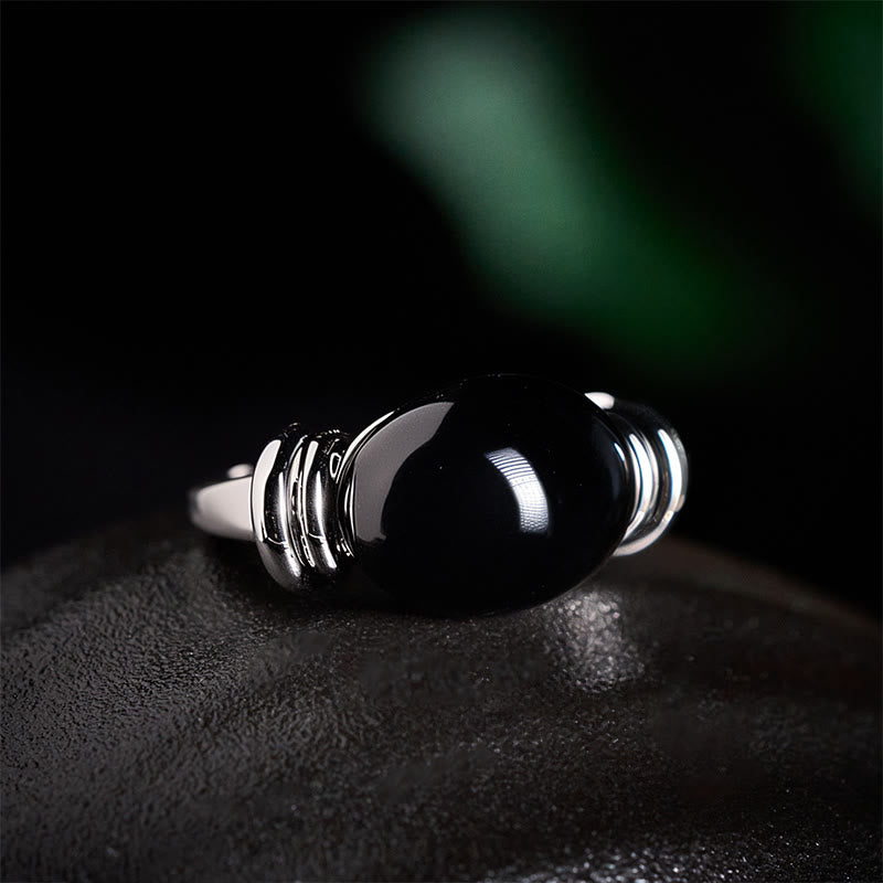 Ring Hämatit Ovalmuster schwarzer Stein elegantes Design Glück Schutz