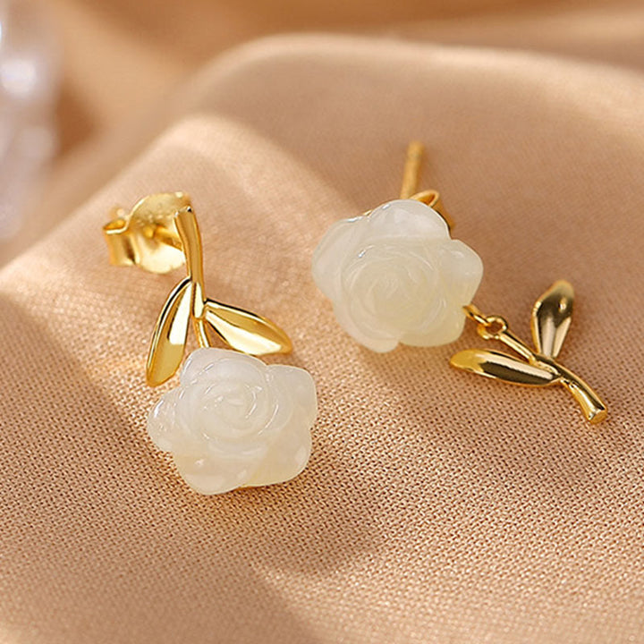Ohrringe Jade Perle Blume Glück Gold weiße Rose Schmuck