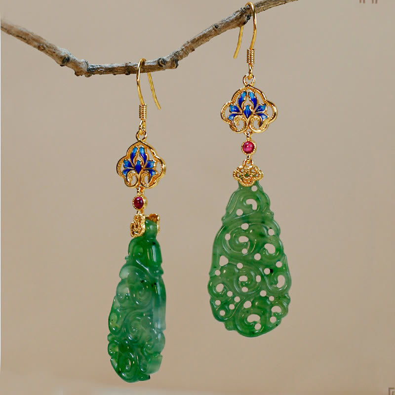Ohrringe Hetian Jade Emaille – Wohlstand grün Gold Boho Schmuck Ohrhänger spirituell