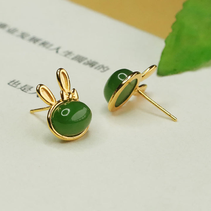 Ohrringe Jade Hase – Glück goldfarben grüner Stein Boho Schmuck spirituell