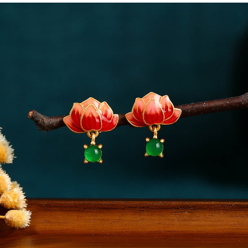 Ohrringe Jade Lotus Emaille – Neuanfang rote Blüte grüner Stein Boho Schmuck
