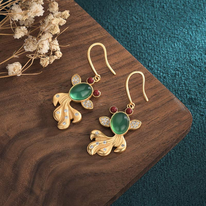Ohrringe Jade Koi gold filigran Holz Boho Schmuck spirituell Ohrhänger