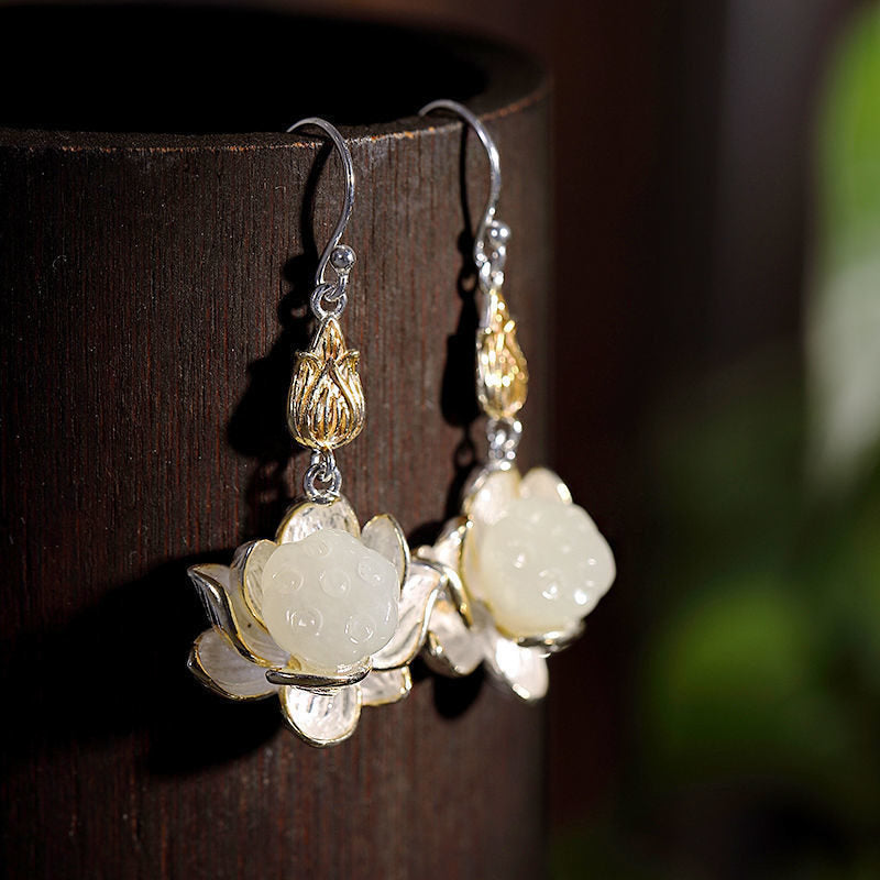 Ohrringe Weißer Jade Tropfen Lotus Silber Boho Schmuck spirituell Ohrhänger