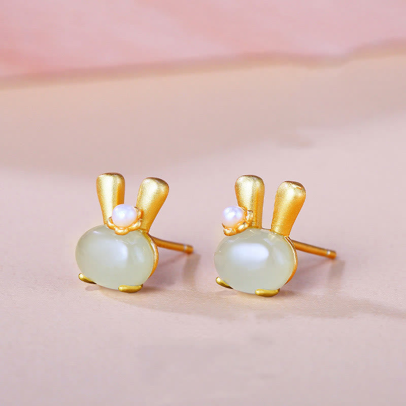 Ohrringe Hetian-Jade Hase Perle Fülle Gold Boho Schmuck spirituell