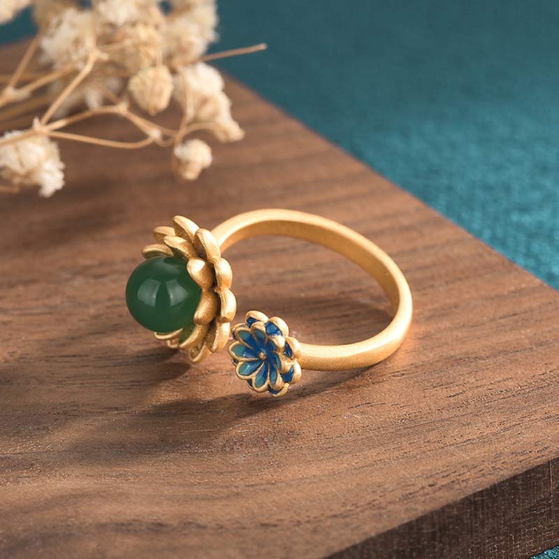 Ring Jade Lotus Muster Fülle Lotus Blüte Grüner Stein Kupfer Fingerring