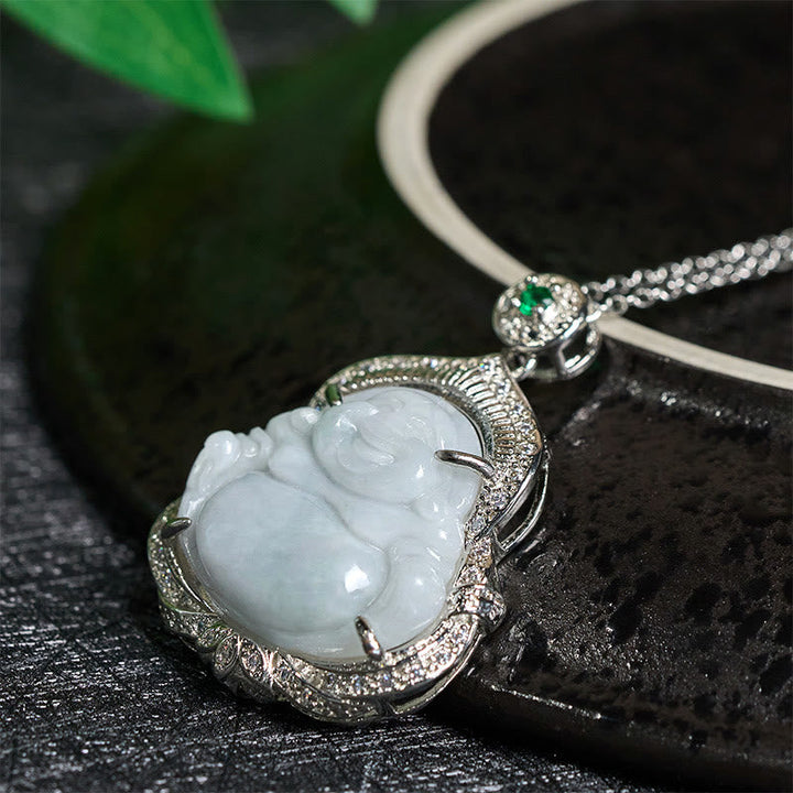 Jade Anhänger Kette silber glänzend weißer Stein Lachender Buddha Überfluss