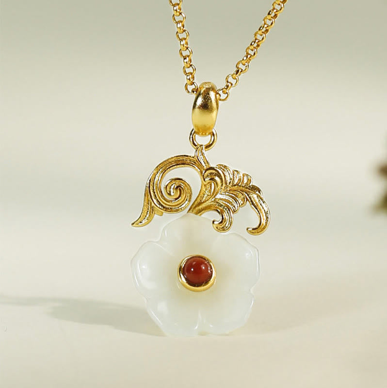 Hetian Jade Blume Anhänger goldene Kette Naturstein mit Glück