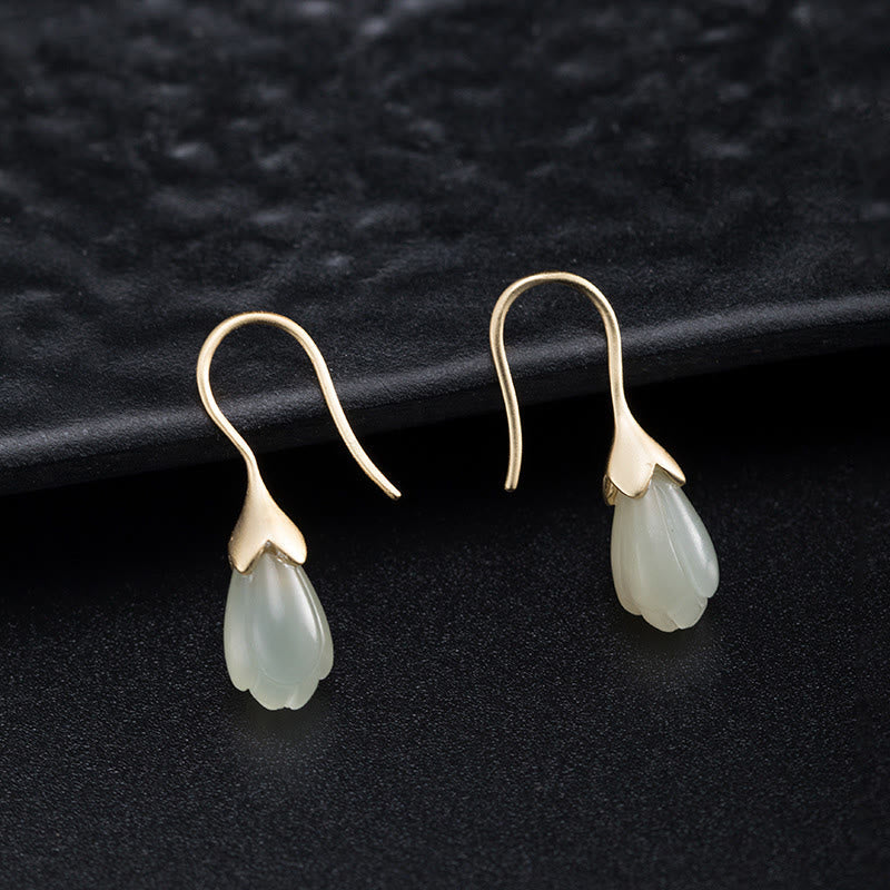Ohrringe Hetian Jade Magnolie Gold Ohrhänger eleganter Boho Schmuck spirituell