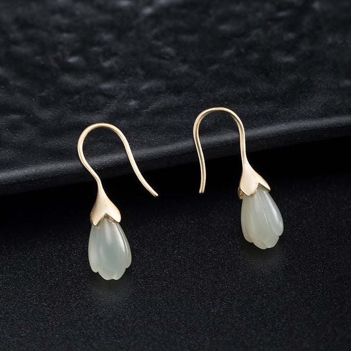 Ohrringe Hetian Jade Magnolie Gold Ohrhänger eleganter Boho Schmuck spirituell
