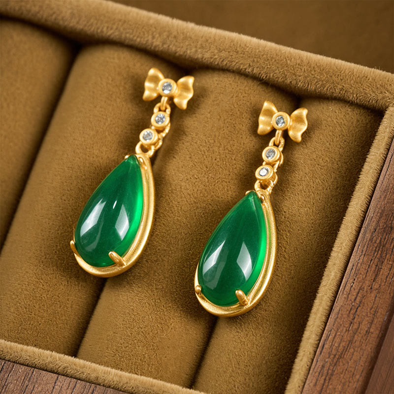 Ohrringe Grüner Jaspis Tropfen Gold Schleife Boho Schmuck spirituell Ohrhänger