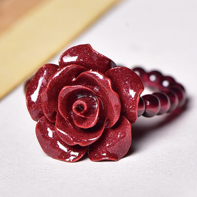 Ring Zinnober Rose Granat – Klarheit rote glänzende Blütenform Accessoire