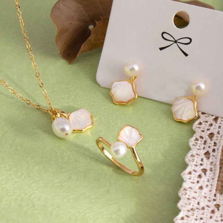 Ring Kupfer Tridacna Perle Ginkgo – Segen 3Pcs(Necklace&Ring&Earrings)