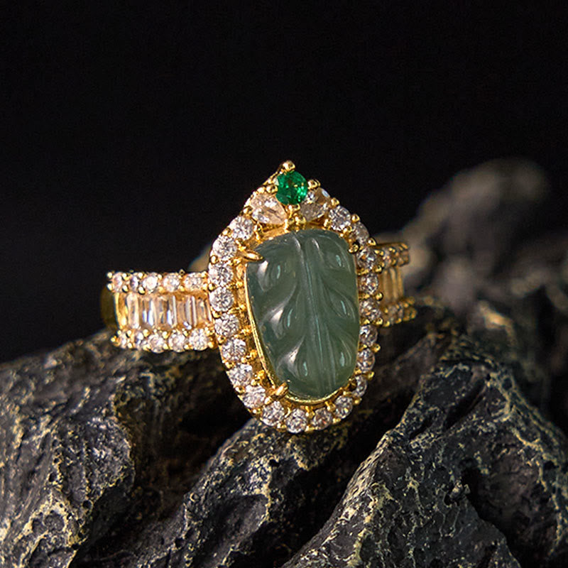 Ring Kupfer Vergoldet Jade Blatt – Glück