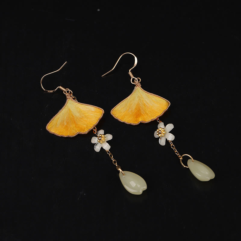 Ohrringe Ginkgo Kupfer Seide – Glück Jade Blüte Boho Schmuck