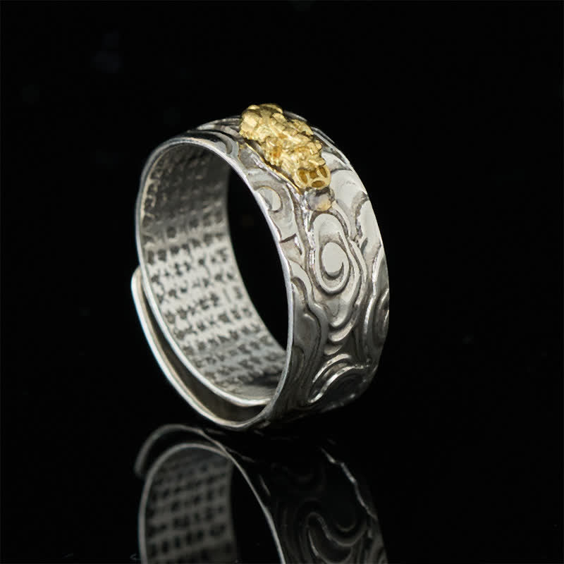Kupfer Ring mit Pixiu Stein Herzsutra Wohlstand Glück Schutz