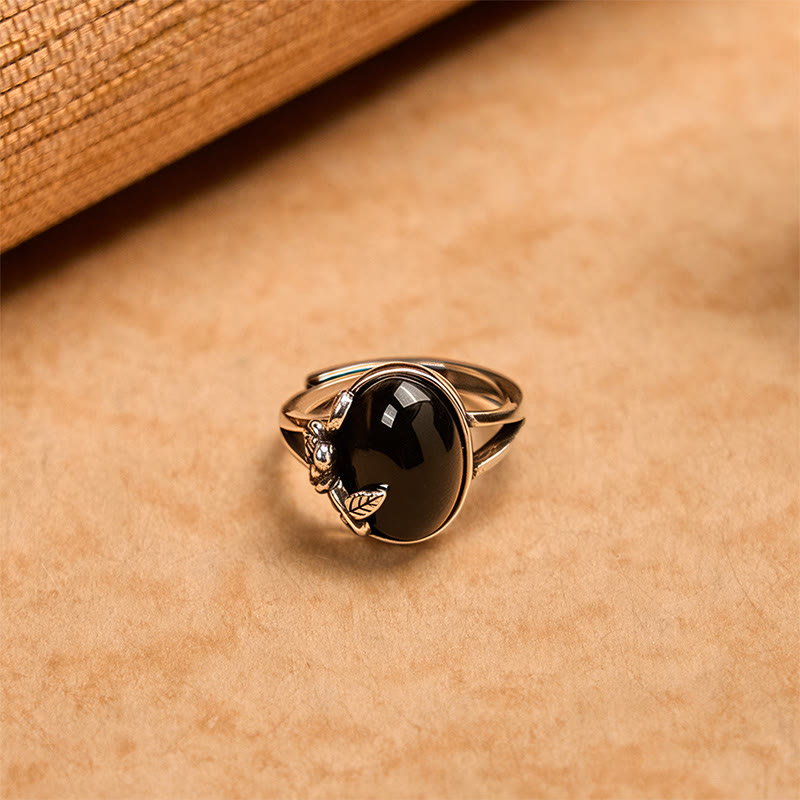 Ring Kupfer Rosenblüte mit schwarzem Stein elegantes Design