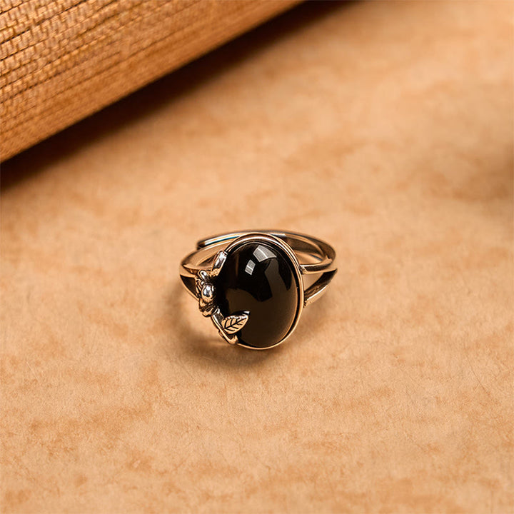 Ring Kupfer Rosenblüte mit schwarzem Stein elegantes Design