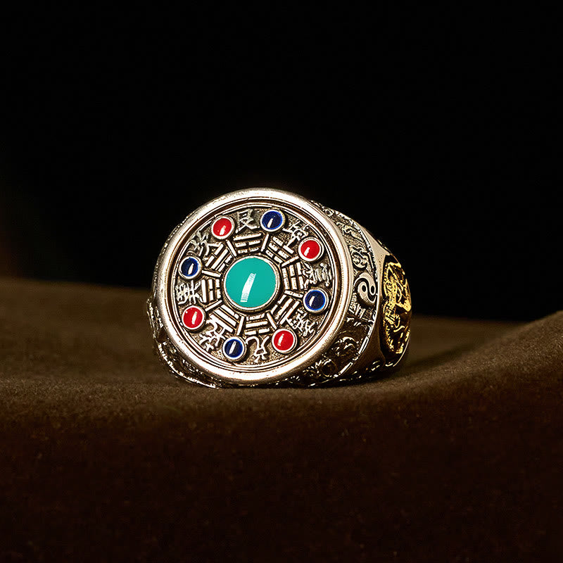 Kupfer Ring Bagua Münze mit farbigen Steinen Wohlstand Feng Shui
