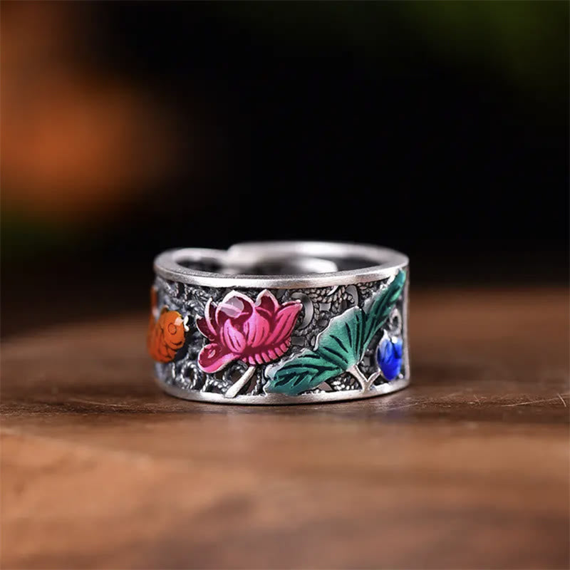 Silber Ring Lotus Blumen Emaille bunt Fengshui Glück Schmuck Fingerring