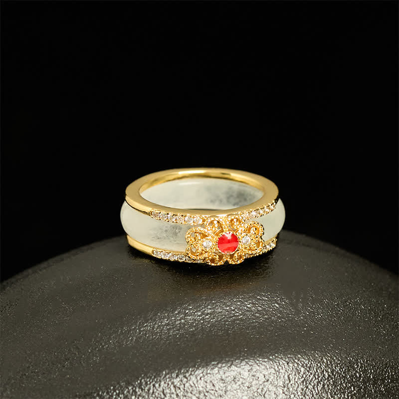 Ring Vergoldetes Kupfer Blume rote Stein Wohlstand Fengshui Glück