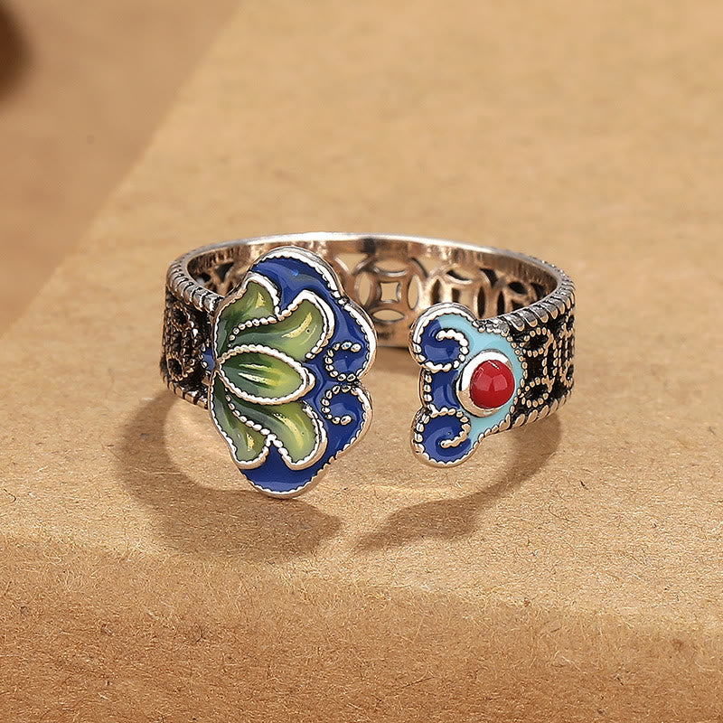 Silberner Ring Kupfer Lotus M��nzen Emaille blau grün Fengshui Glück Fingerring