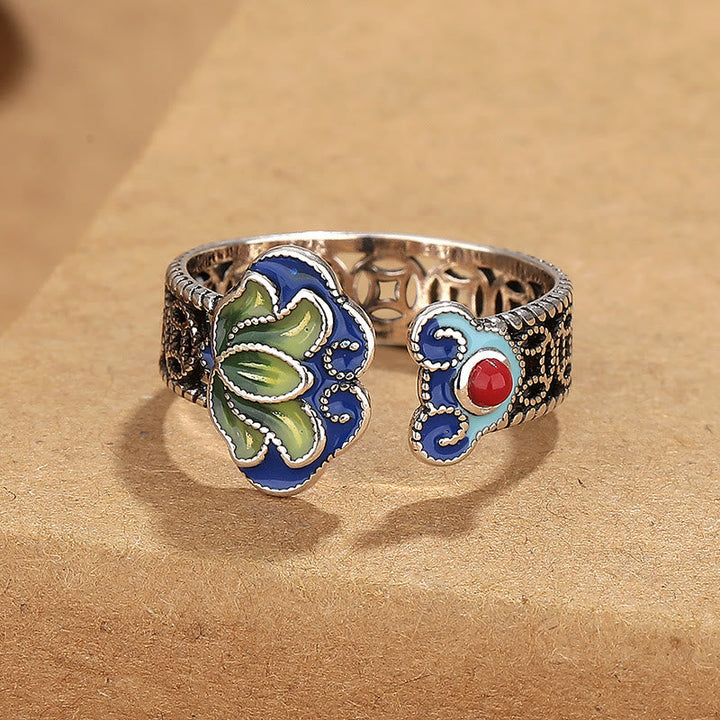 Silberner Ring Kupfer Lotus M��nzen Emaille blau grün Fengshui Glück Fingerring