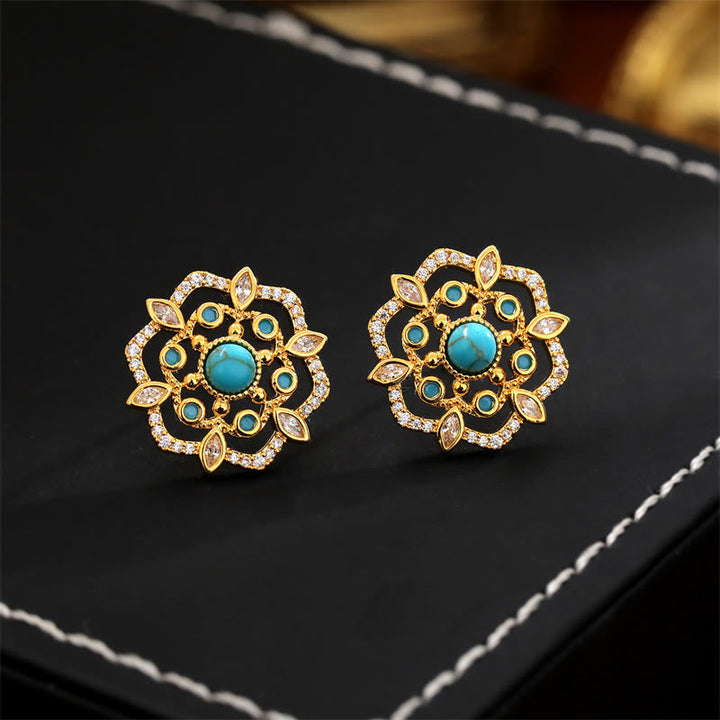Ohrringe Kompass Zirkon Kupfer Türkis Blüte Boho Schmuck spirituell