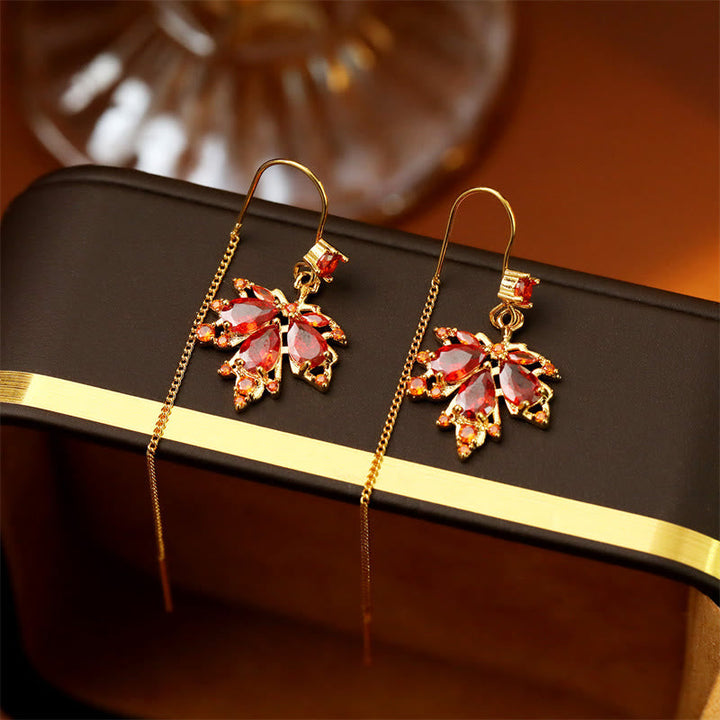 Ohrringe Ahornblatt Zirkon Kupfer – Glück elegant rot funkelnd Boho Schmuck
