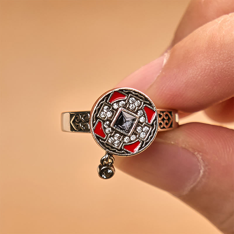 Ring Kupfer Om Mani Padme Hum Gebetsrad mit roten Kristallen Wohlstand Glück