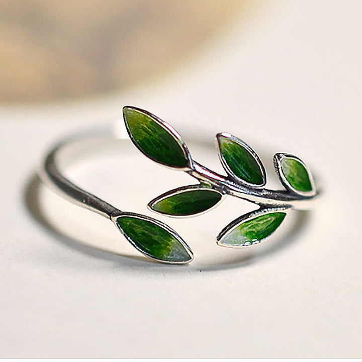 Ring Kupfer Buddha Stein Blatt grüne Jade Wohlstand Glück elegant