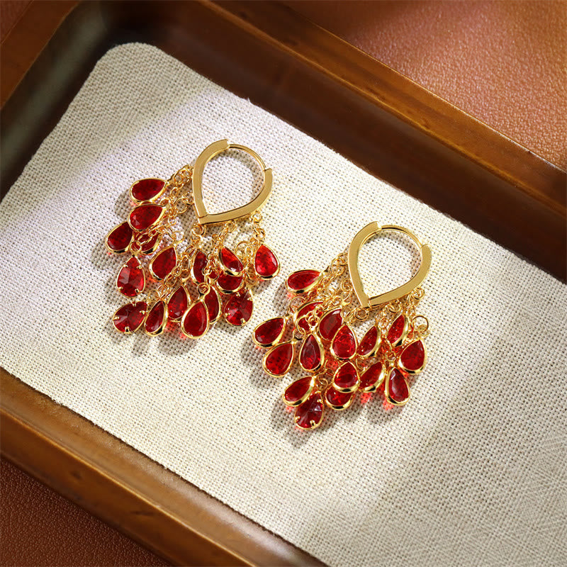 Ohrringe Kupfer Tropfen Quaste rote Kristalle Boho Schmuck elegant