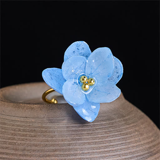 Ring Liuli Hortensie mit blauen Stein goldenem Kupfer Band Weisheit