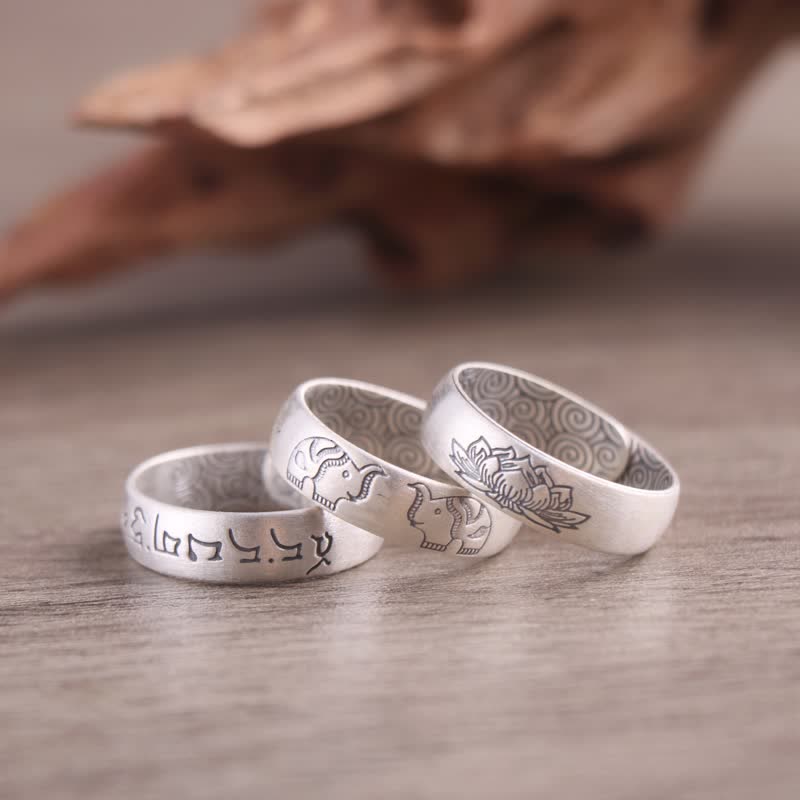 Silberringe mit Elefant Lotus Sechs Wahrheitsworte Segen Design