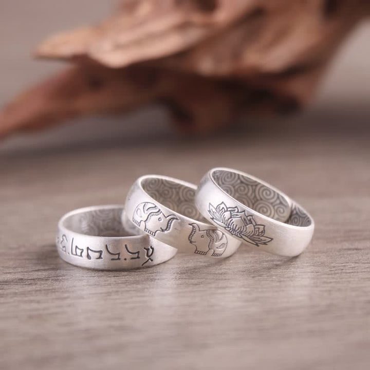 Silberringe mit Elefant Lotus Sechs Wahrheitsworte Segen Design