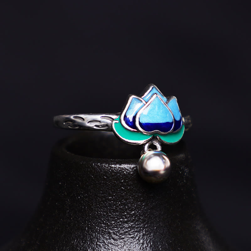 Lotus Ring Blüte Blau Türkis mit Perle Silber Schmuckring