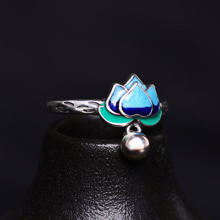 Lotus Ring Blüte Blau Türkis mit Perle Silber Schmuckring